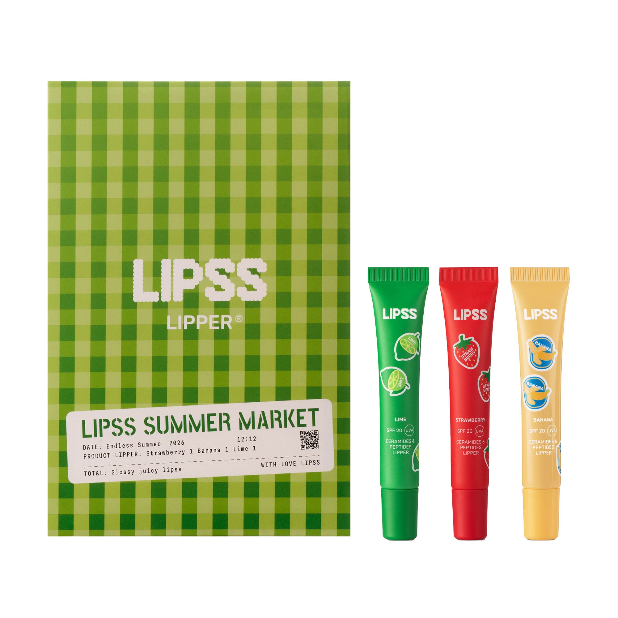 Набір бальзамів для губ LiPSS Summer Market Drop SPF 20 (полуниця, 1 шт + банан, 1 шт + лайм, 1 шт)